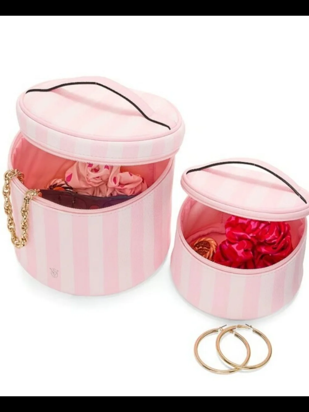 Victoria's Secret Striped Pink Travel Cosmetic Case with Top Handle - 2 Pack!
